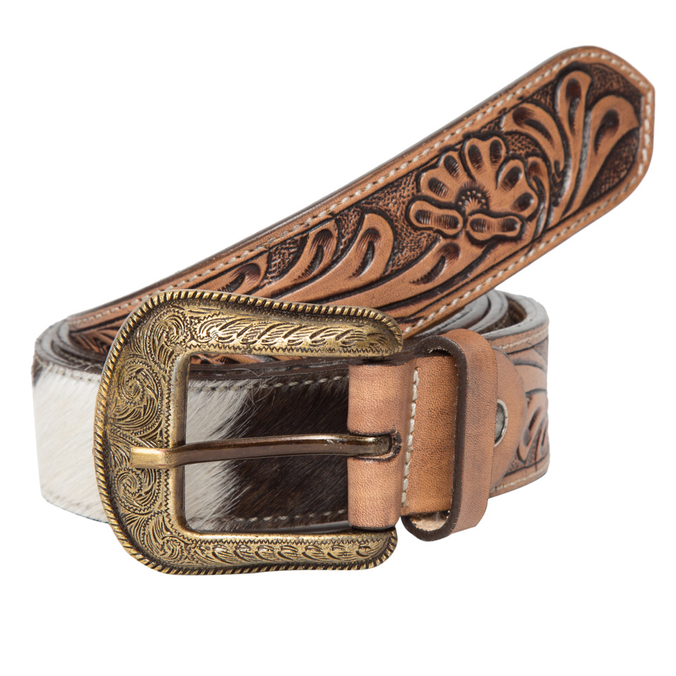 Tooled Belt – Brown and White Cowhide Belt with Tooling Details ...